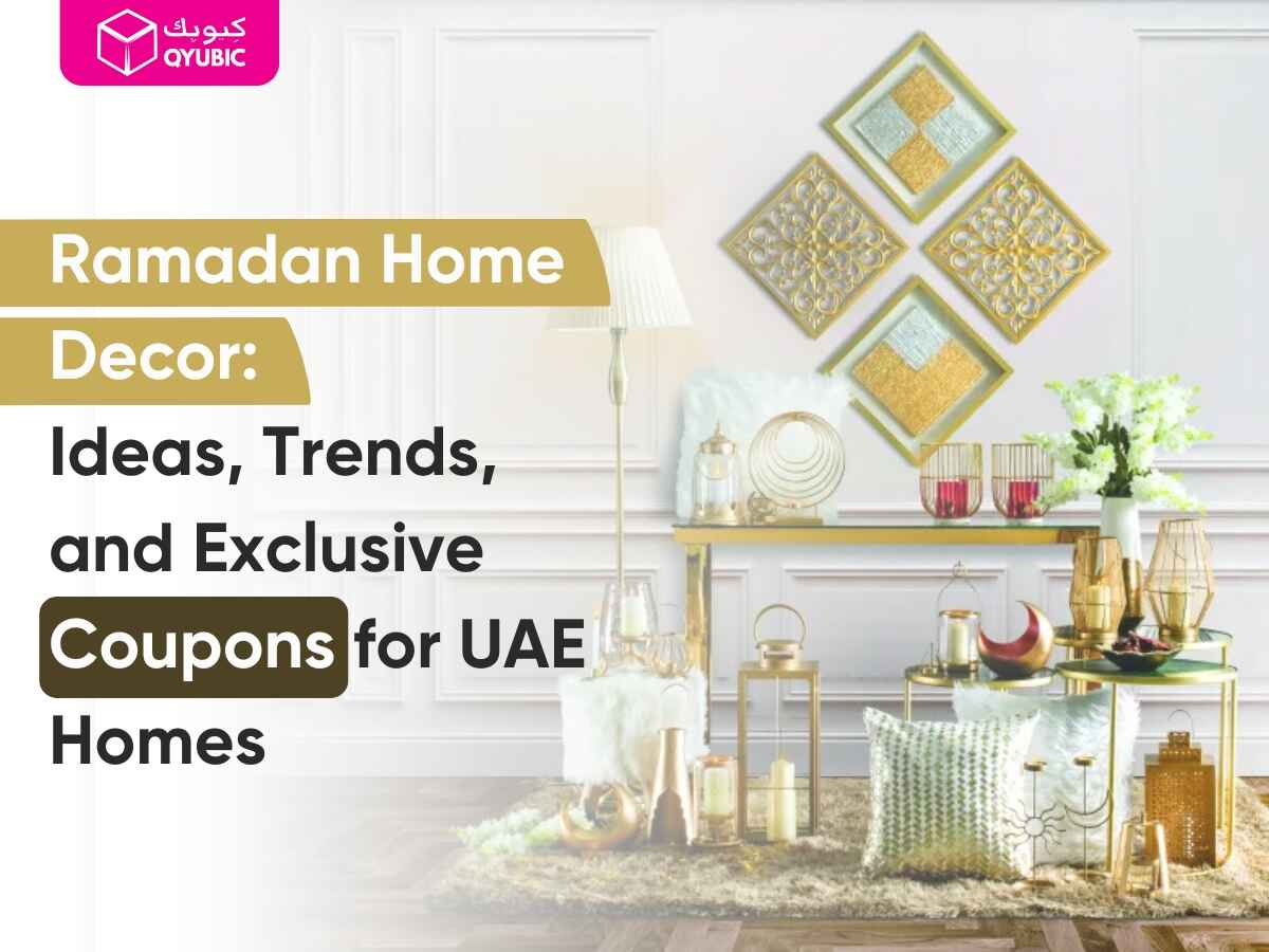 Banner image of a modern UAE living room featuring Ramadan home decor with traditional lanterns, crescent moons, and intricate Arabic patterns blended with contemporary style.