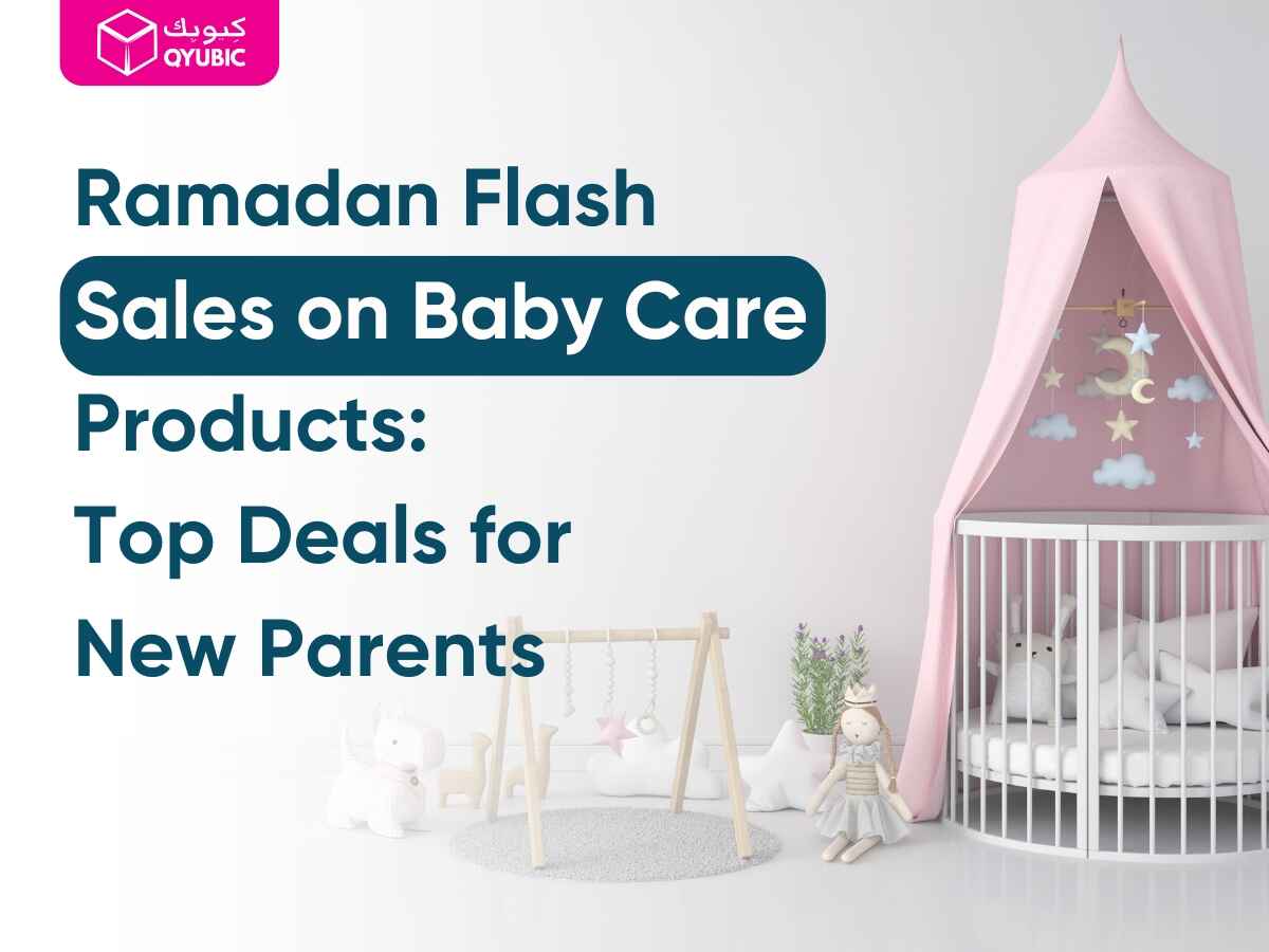 Ramadan flash sale on baby care products – A cozy nursery with a crescent moon in the background, showcasing baby cribs, strollers, and essentials on discount