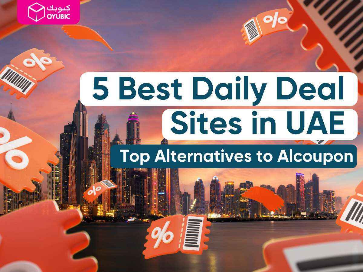 Banner showcasing UAE's best daily deal sites with verified coupon codes, exclusive Qyubic offers, and top alternatives to Alcoupon