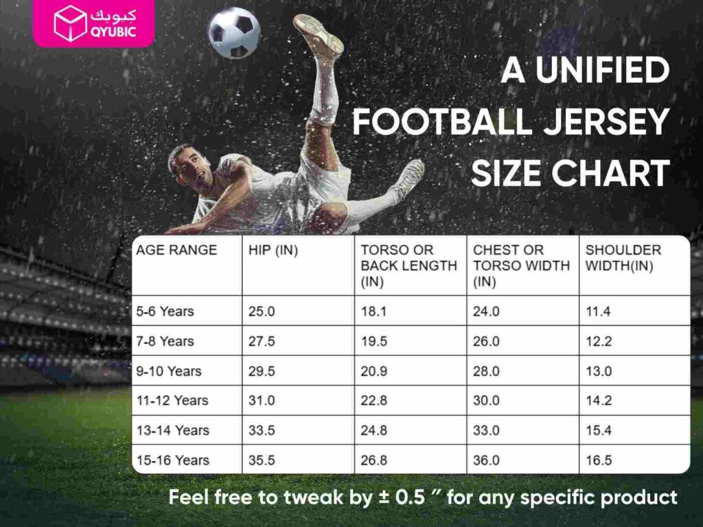 A unified size chart for kids' football jerseys for quick reference.