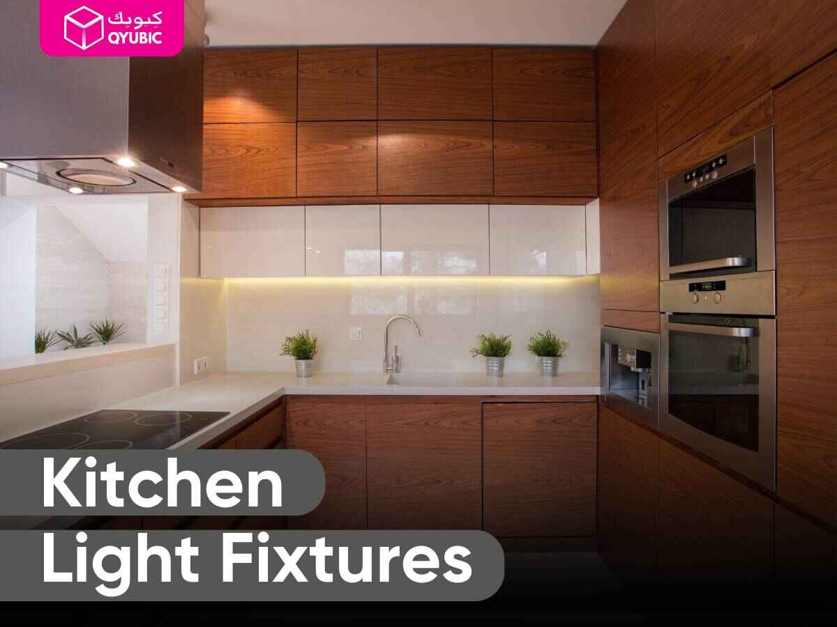 Bright, modern kitchen with under-cabinet LED strips and recessed/track lighting. Overlay text: 'Kitchen Light Fixtures.'