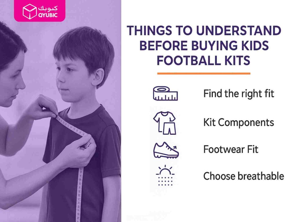 A parent uses a soft tape measure to take a young boy’s chest measurement for a football jersey; beside them, icons and labels read ‘Find the right fit,’ ‘Kit Components,’ ‘Footwear Fit,’ and ‘Choose breathable