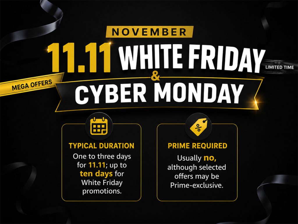 Amazon Saudi 11.11, White Friday and Cyber Monday sale dates and duration.