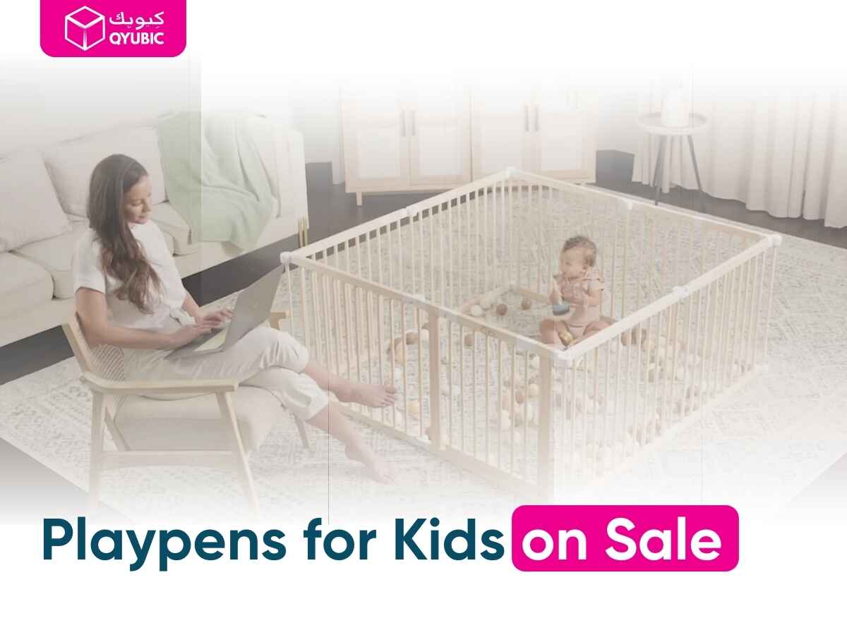 A baby playing safely inside a colorful playpen, offering a secure and fun space for toddlers while parents multitask.