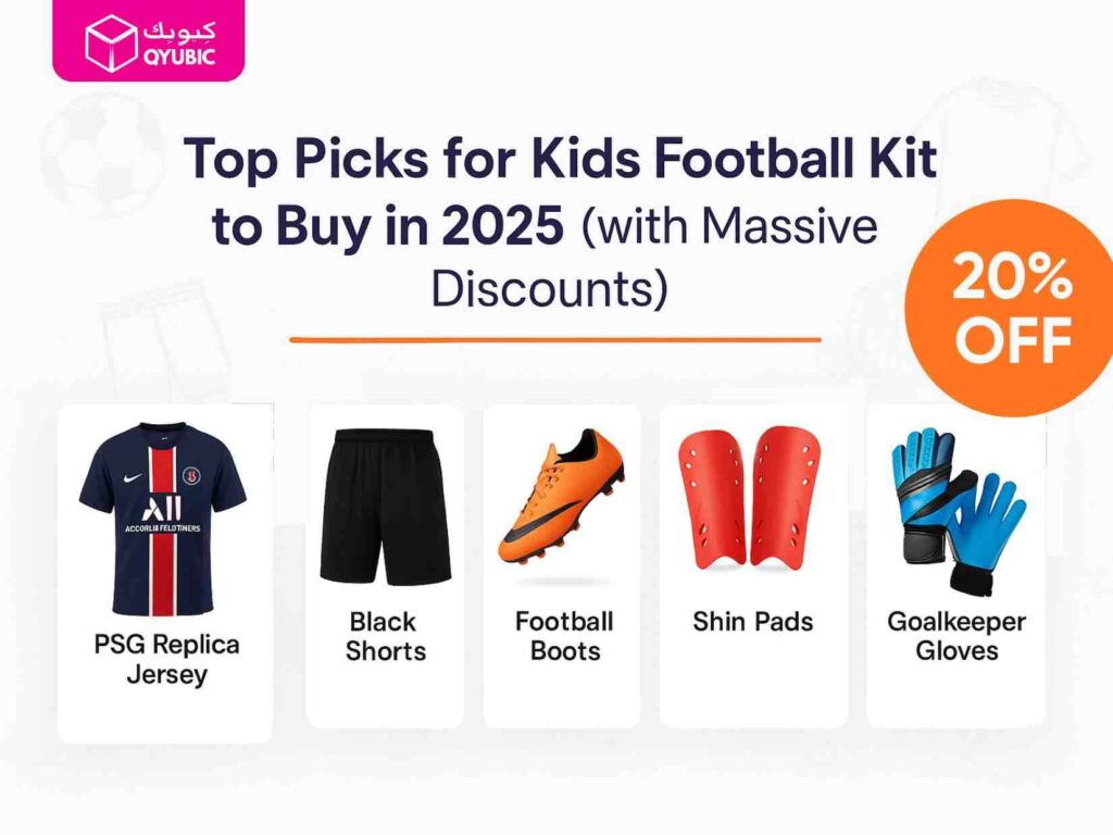 Row of five kit components—a PSG replica jersey, black shorts, orange football boots, red shin pads, and blue goalkeeper gloves—under the heading ‘Top Picks for Kids Football Kit to Buy in 2025 (with Massive Discounts)’ and a ‘20% OFF’ circle.