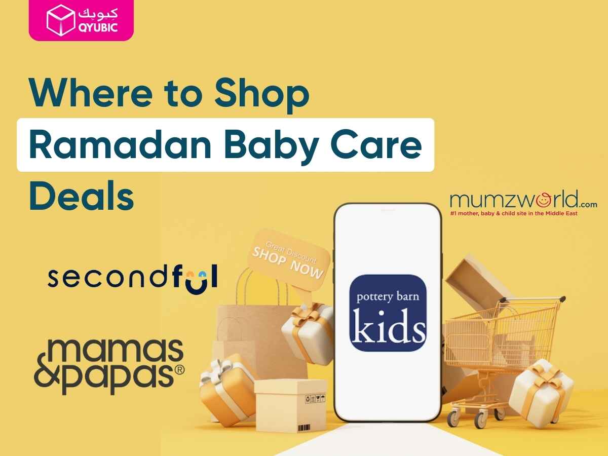 Screenshots of leading Middle Eastern online stores like Noon and Amazon.ae, featuring Ramadan discounts on baby care essentials.