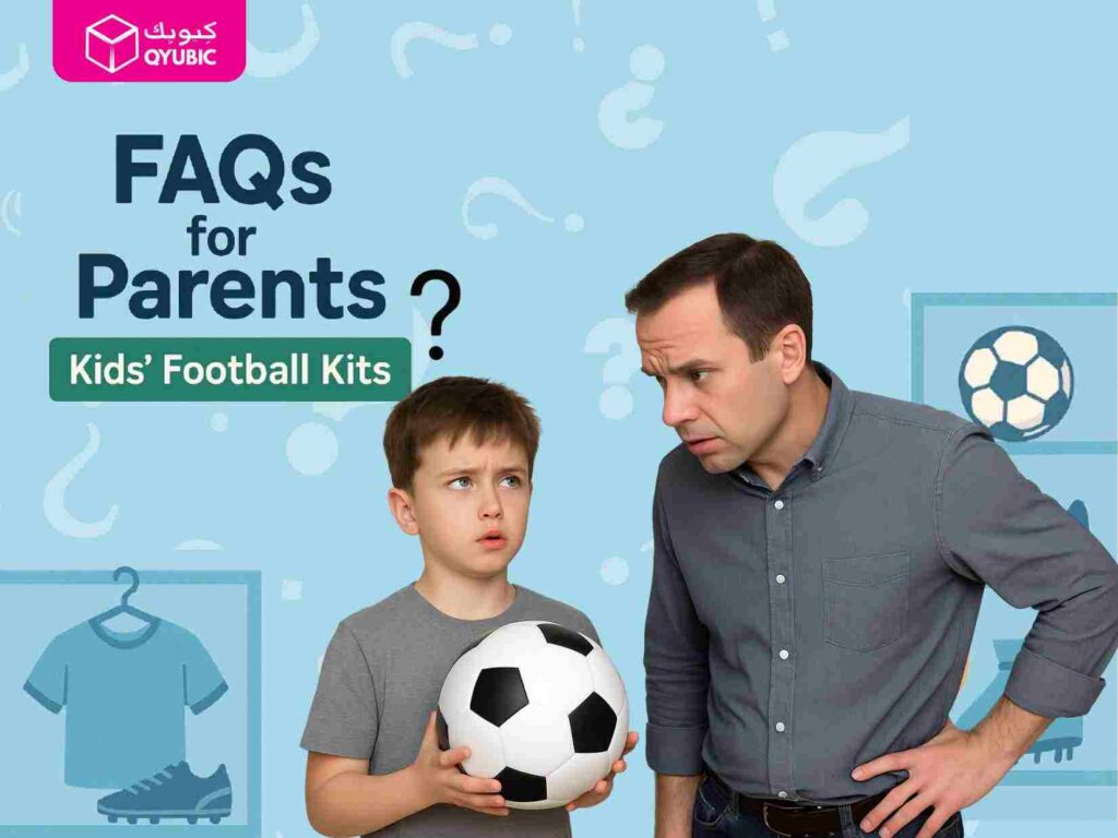 A concerned father leans in to talk with his son holding a soccer ball under the heading ‘FAQs for Parents: Kids’ Football Kits.