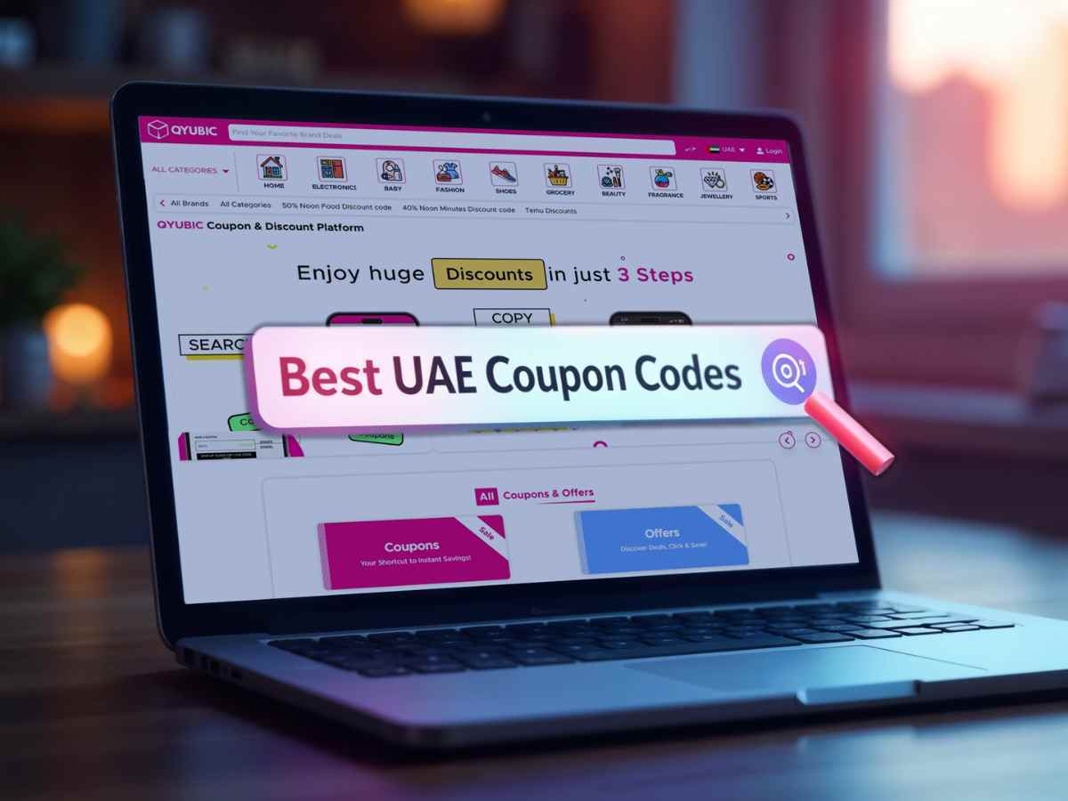 Search for the best UAE coupon codes – digital search bar with discount offers and live Qyubic coupons showing where to find best coupon codes