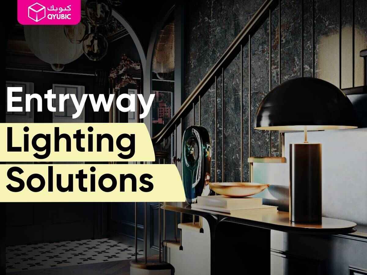 Welcoming entryway with pendant lights and soft wall sconces. Overlay text: 'Entryway Lighting Solutions.'