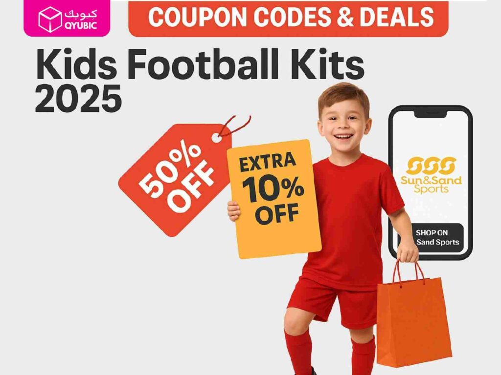 A smiling boy in a red football kit holds a shopping bag and two discount signs (‘50% OFF,’ ‘Extra 10% OFF’) next to a smartphone displaying the Sun & Sand Sports logo under the title ‘Coupon Codes & Deals – Kids Football Kits 2025