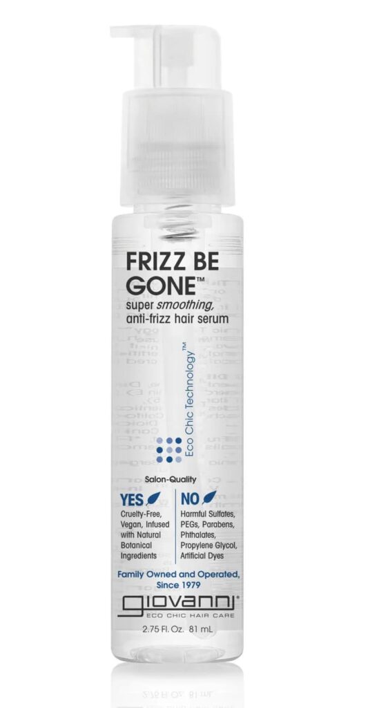 Giovanni Frizz Be Gone™ Super Smoothing Anti-Frizz Hair Serum, a plant-based, eco-conscious hair serum for frizzy hair in the UAE. This lightweight hair serum for dry hair and humidity control is vegan, cruelty-free, and free from parabens and sulfates, providing sleek and polished results without greasiness.