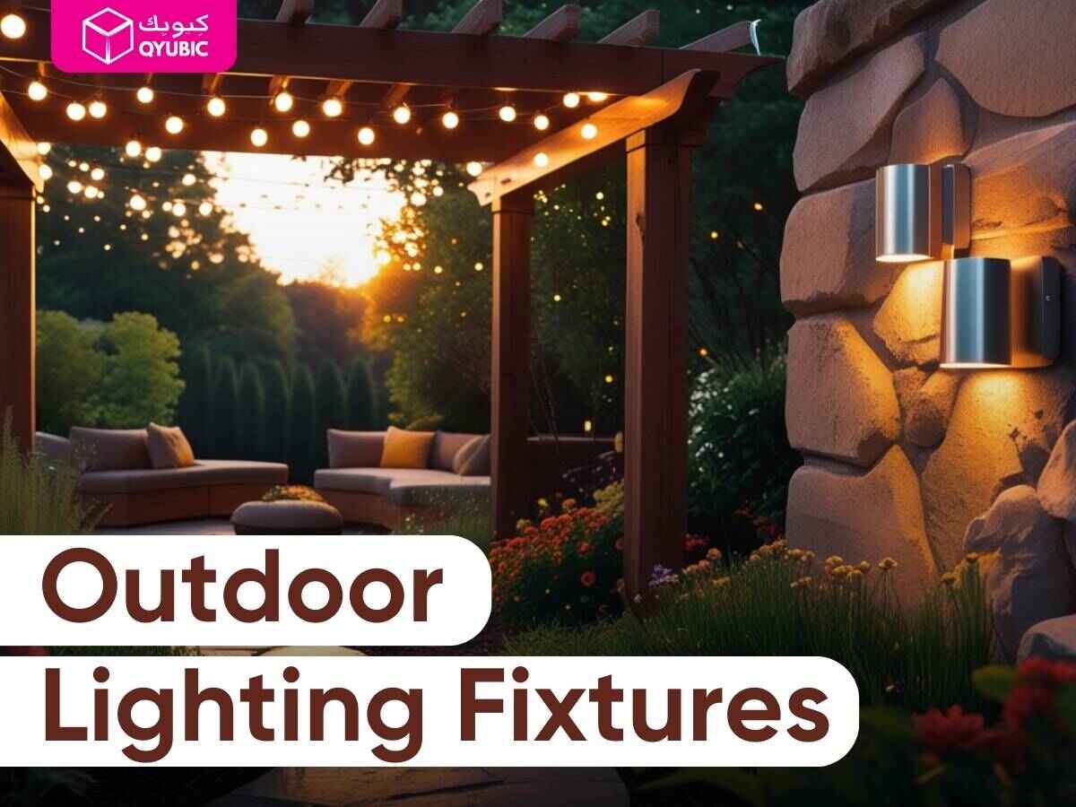 Outdoor space featuring a mix of decorative string lights and wall-mounted fixtures. Overlay text: 'Outdoor Lighting Fixtures.'