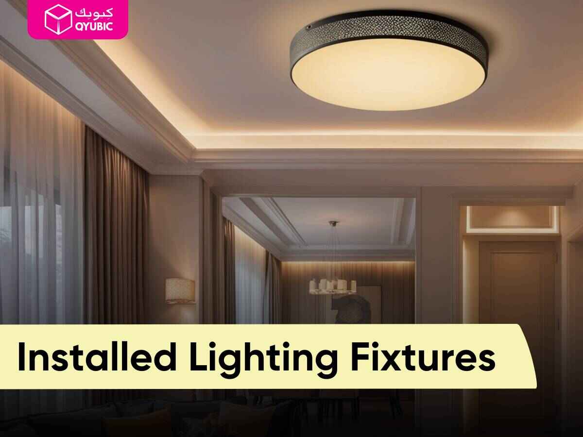 An elegant interior shot highlighting a prominent ceiling fixture (flush mount or modern pendant) with a visible fixture cover, set in a stylish, well-lit room; overlay text “Installed Lighting Fixtures” and “Fixed Foundations for Festive & Daily Illumination.”
