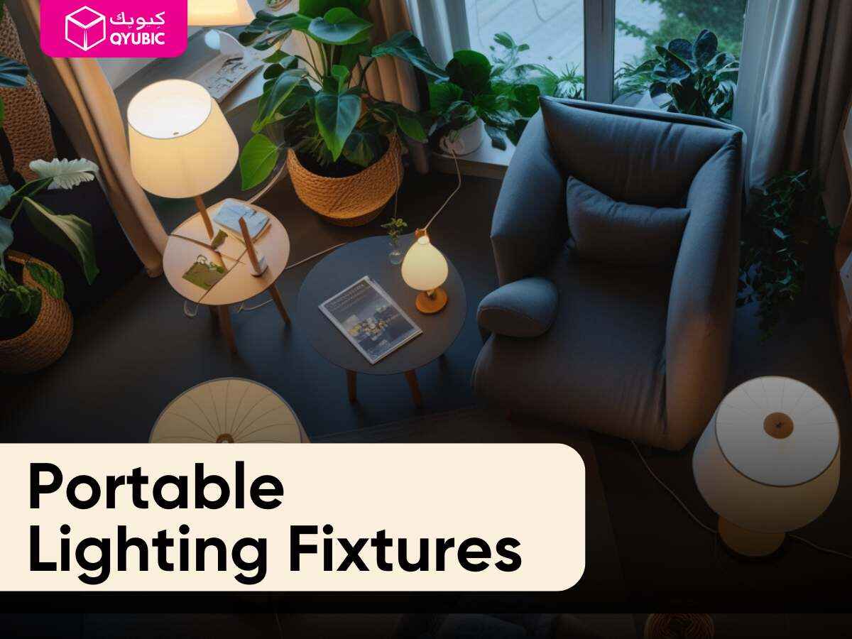 Cozy living area showcasing portable floor and table lamps among lush indoor plants—demonstrating versatile lighting fixtures suitable for Ramadan gatherings, Eid celebrations, and everyday comfort