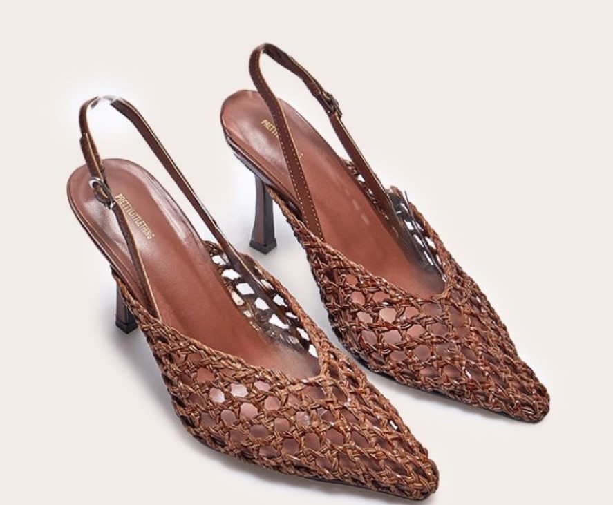 Brown  PU slingback court shoes featuring a woven upper, pointed toe, and slim high heel.