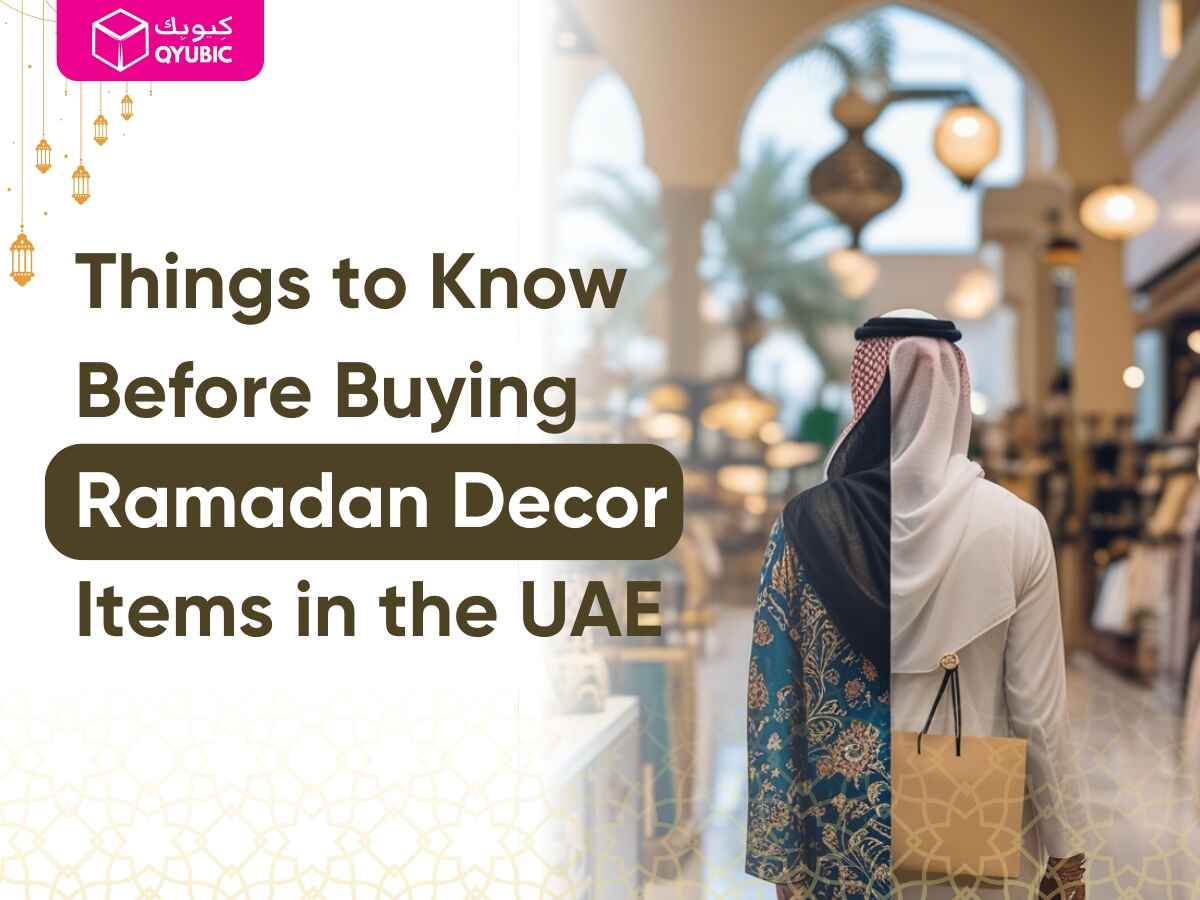 Engaging scene of a shopper in a beautifully decorated UAE market showcasing smart buying of Ramadan home decor. The image features Arabic calligraphy, traditional motifs, and price tags that emphasize researching, comparing styles, and understanding cultural significance in selecting authentic Ramadan decorations