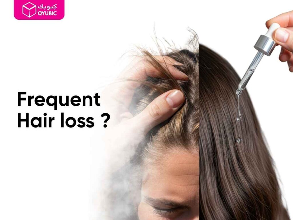 A split image showing a woman with frizzy, dull hair on one side and a woman with shiny, smooth hair on the other, with a dropper applying hair serum. The text 'Frequent Hair loss?' is shown on the left. This image illustrates the before and after effects of using hair serum for hair growth and hair loss, showcasing the benefits of using a hair serum for damaged hair and a hair growth serum for women experiencing hair loss.