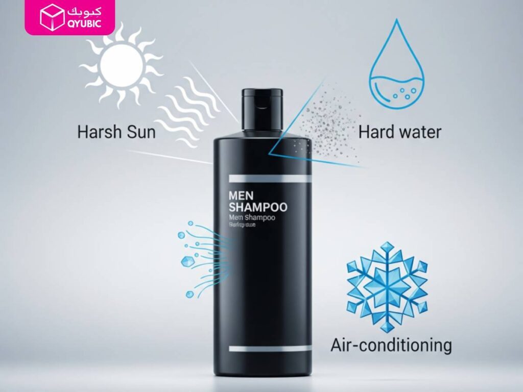 A bottle of 'MEN SHAMPOO' surrounded by icons representing the harsh sun, hard water, and air-conditioning, with labels indicating each. This image illustrates environmental factors in Dubai and the UAE that contribute to hair loss, emphasizing the need for a specialized hair loss shampoo for men.
