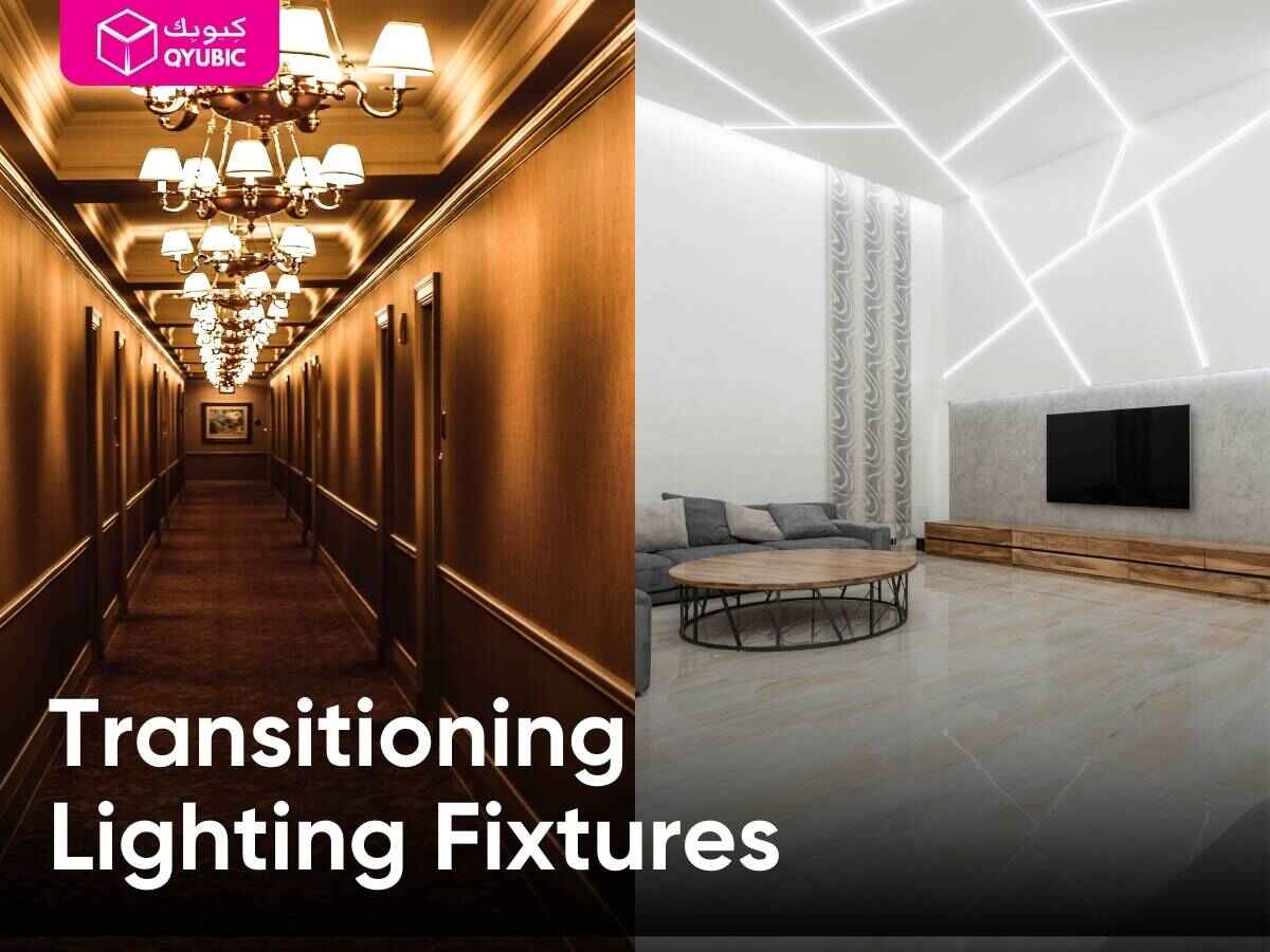 A split-screen image blending a festive Ramadan décor with a modern, cozy everyday living space, illuminated by warm, inviting light fixtures.