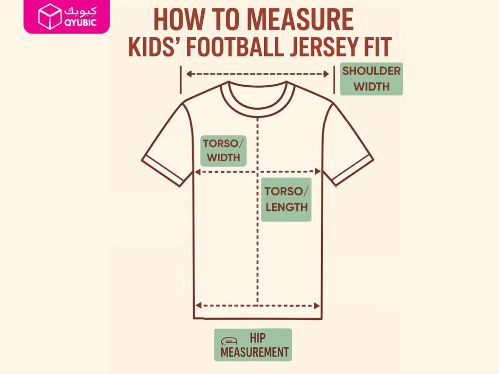 An infographic showcasing how to take measurements for your kids football jersey.
