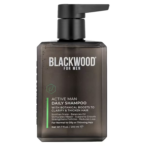 Blackwood For Men Active Man Daily Shampoo, a budget-friendly hair loss shampoo for men in the UAE. This anti hair fall shampoo with rice extract, ginseng, and loquat clears scalp buildup, supports hair growth, and strengthens hair from the root, making it a great choice for active men with oily or thinning hair.