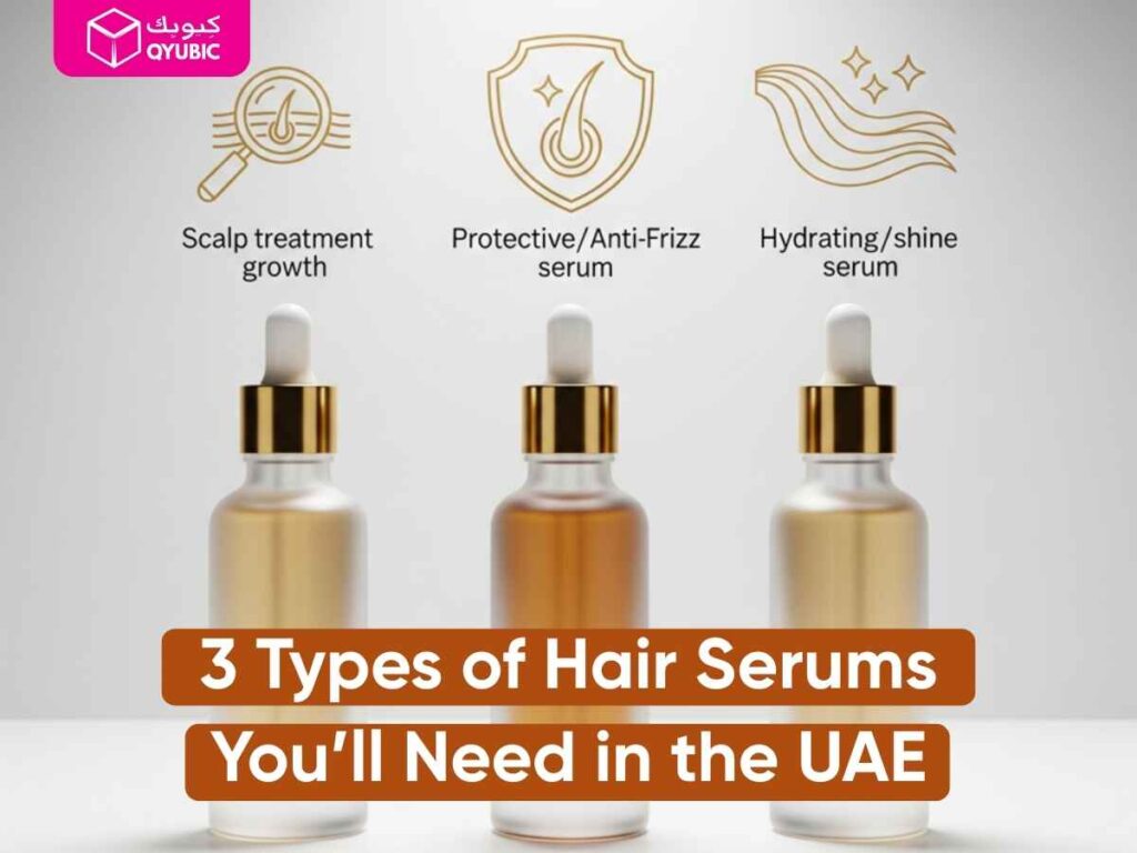 An illustration showing three types of hair serums: a scalp treatment for growth, a protective/anti-frizz serum, and a hydrating/shine serum. This image explains the benefits of using a hair serum, including a hair growth serum, a hair serum for frizzy hair, and a hair serum for dry hair, highlighting the different types of best hair serum for your needs.