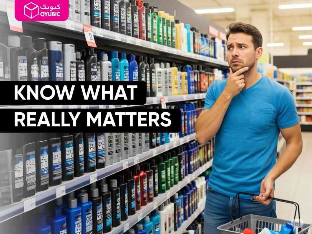 A man standing in a supermarket aisle, holding a basket and looking contemplatively at a shelf full of shampoo and conditioner bottles, with the text 'KNOW WHAT REALLY MATTERS.' This image represents the process of choosing the best shampoo for hair loss, highlighting the importance of making an informed decision when selecting an anti hair fall shampoo for men.