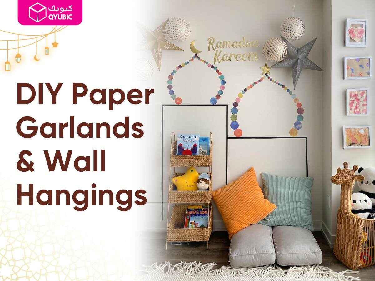 DIY Ramadan Decorations paper garland featuring 'Ramadan Kareem' calligraphy for simple diy ramadan decor for home.