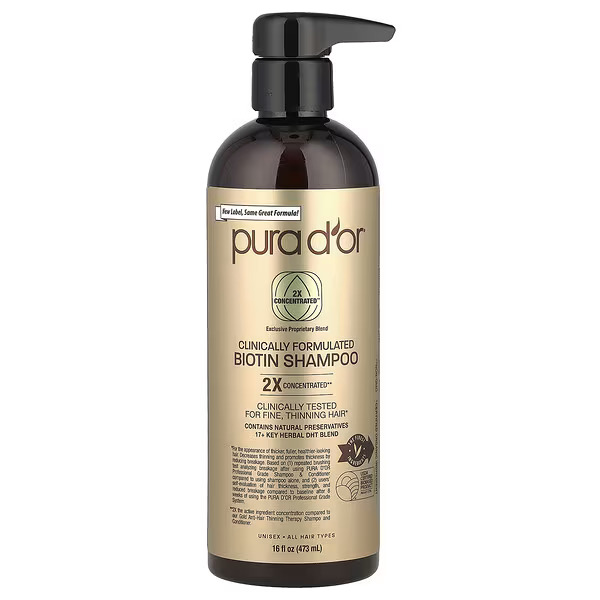 Pura D'or Clinically Formulated Biotin Shampoo, a premium anti hair fall shampoo for men in the UAE. With 17+ herbal DHT blockers, biotin, and argan oil, this best shampoo for hair loss men is formulated to combat breakage, scalp dryness, and thinning, making it a great choice for hair regrowth.