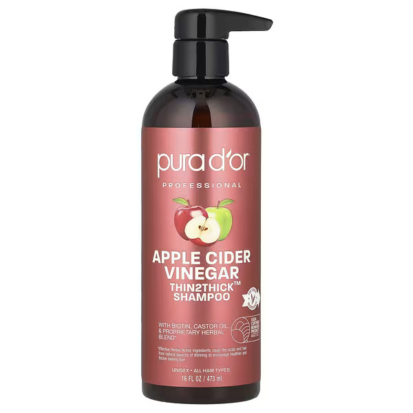 Pura D'or Apple Cider Vinegar Thin2Thick™ Shampoo, a hair thickening shampoo for men in the UAE. This sulfate-free shampoo uses apple cider vinegar to detox scalp buildup from hard water, while biotin and castor oil promote visibly thicker, fuller hair and argan oil hydrates the scalp. An excellent anti hair loss shampoo.