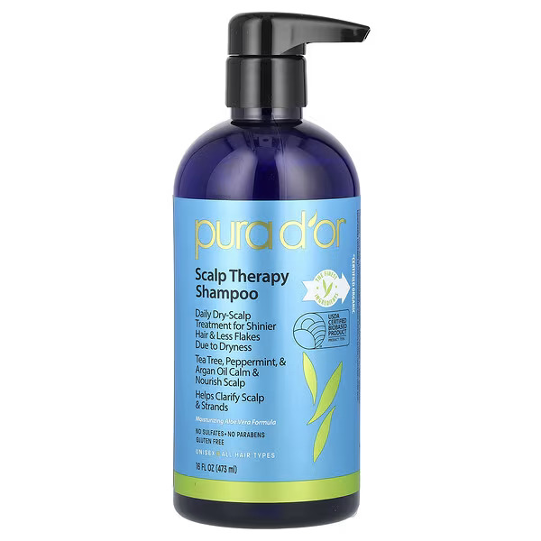 Pura D'or Scalp Therapy Shampoo, a clarifying hair loss control shampoo for men in the UAE. Infused with tea tree, peppermint, and aloe vera, this sulfate-free shampoo soothes dry, itchy scalps, controls flakes, and provides a daily scalp reset, making it a great shampoo for dandruff and hair loss.