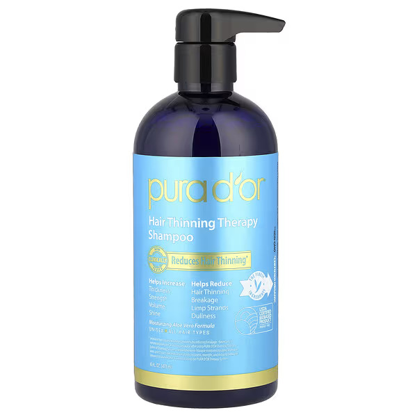 Pura D'or Hair Thinning Therapy Shampoo, a mid-premium hair loss shampoo for men in the UAE. Infused with biotin, argan oil, and saw palmetto, this anti hair fall shampoo combats thinning, boosts strength, and adds volume. It is one of the best shampoos for hair loss men, suitable for all hair types.