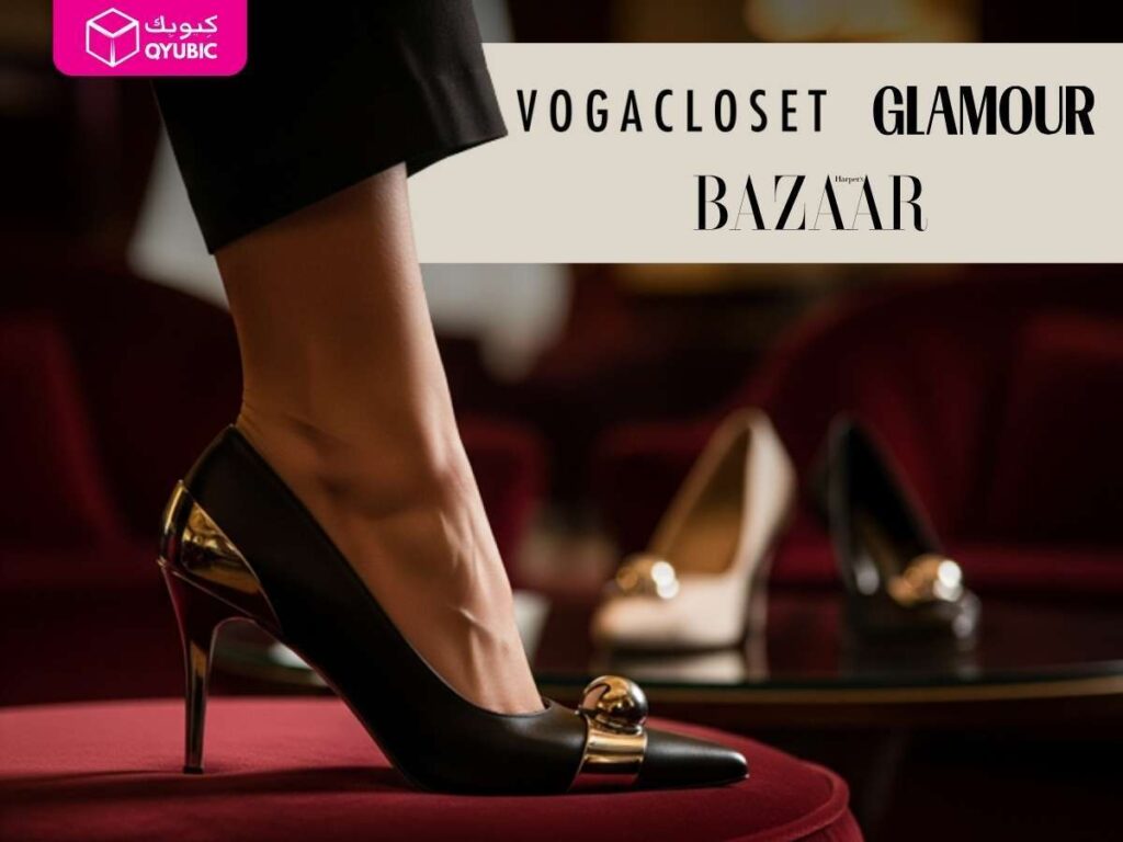 Close‑up of a black pointed high heel with gold accents resting on red velvet, overlaid with “VogaCloset Glamour Bazaar” banner and Qyubic logo, showcasing a luxe heel trends graphic.
