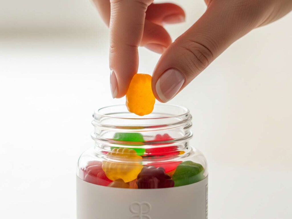 A hand with well-manicured nails is shown picking an orange gummy supplement from a clear glass jar filled with various colorful gummy vitamins. The image highlights the ease and convenience of taking gummy supplements.