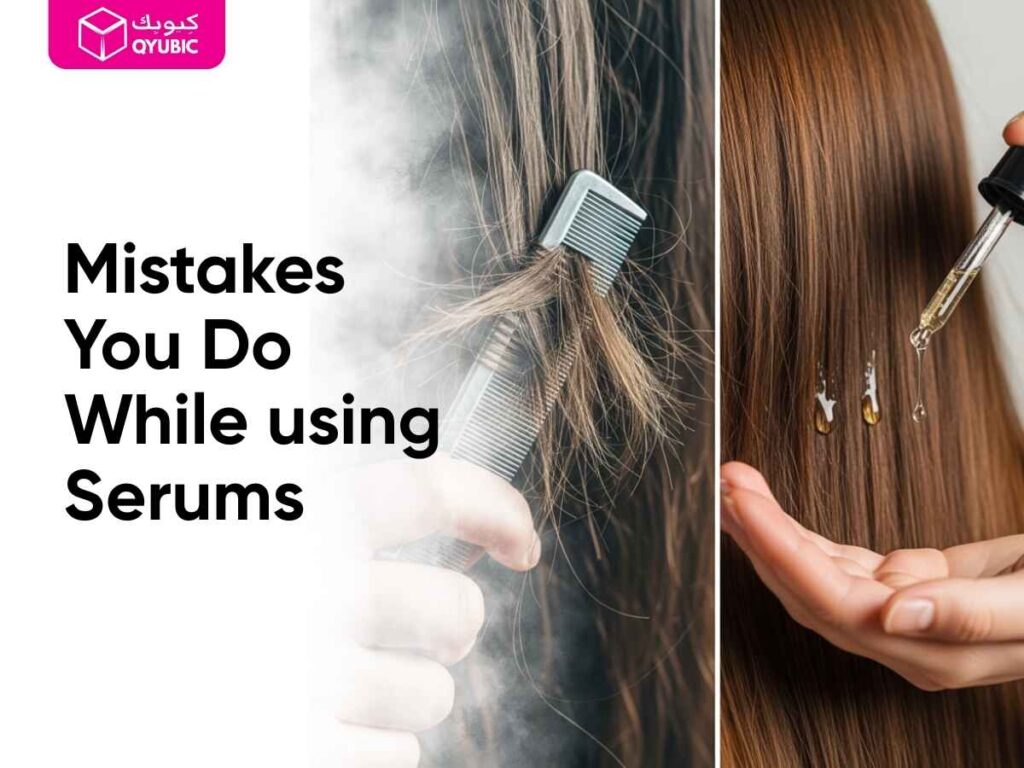 A split image showing tangled, frizzy hair with a comb stuck in it on the left, and a hand applying hair serum with a dropper to long, straight, smooth hair on the right. The text 'Mistakes You Do While using Serums' is shown on the left. This image highlights common mistakes when using hair serum and demonstrates the correct way to apply hair serum for hair straightening, while showing the benefits of a hair treatment serum for tangled hair.