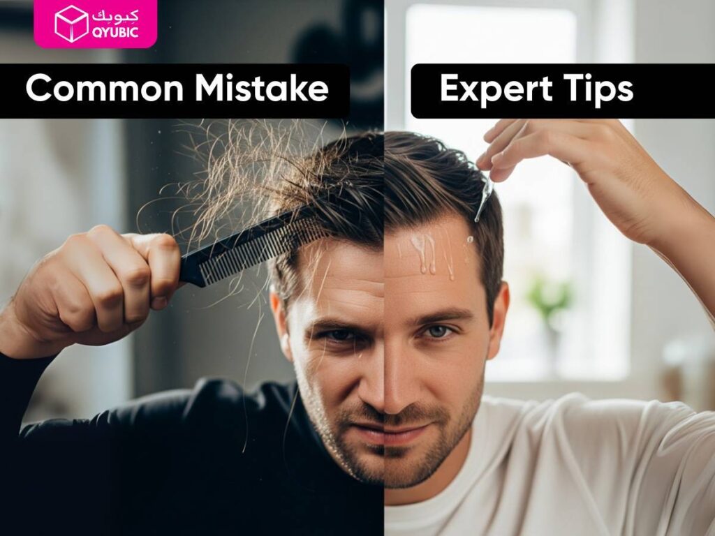 A split image showing a man with dry, messy hair on the left, labeled 'Common Mistake,' and a man with styled, healthy hair, labeled 'Expert Tips,' on the right. This visual highlights a common mistake in hair care and provides an expert tip on how to properly use shampoo and other products to prevent hair loss, and promote hair growth for men.