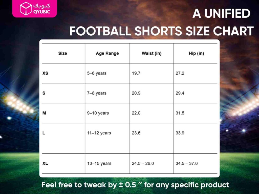 A unified size chart for kids' football shorts for quick reference.