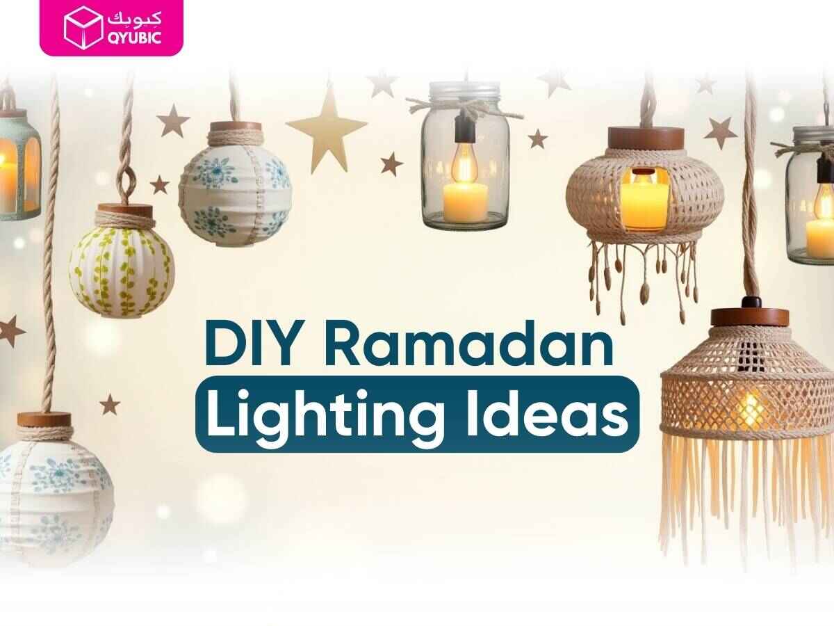 DIY Ramadan lighting ideas featuring an assortment of handcrafted lanterns made from upcycled jars, wicker, and decorative materials, glowing with warm candlelight against a starry backdrop
