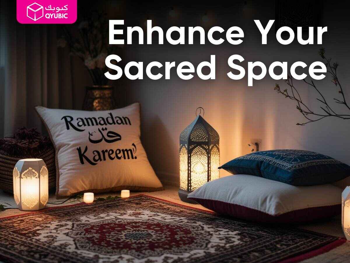 Cozy prayer corner setup using DIY Ramadan Decorations, with soft cushions and LED lights for a serene Ramadan home decor space