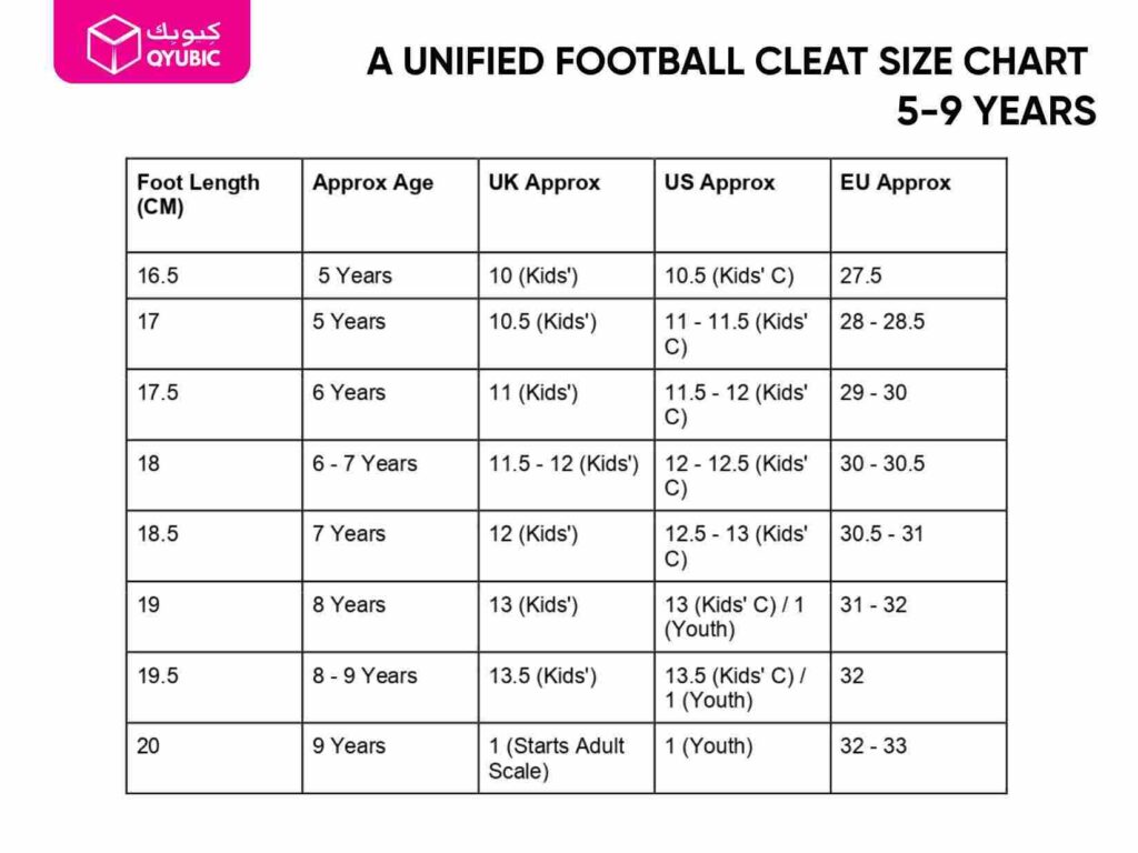 A unified size chart for kids' football cleats or boots for quick reference.