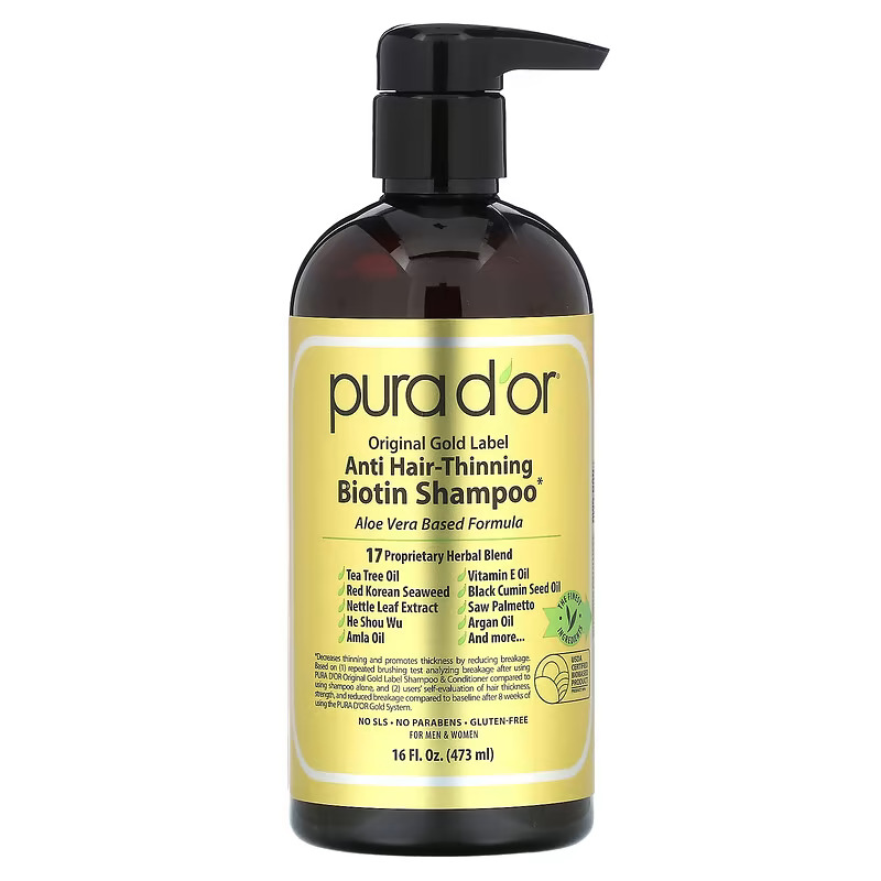 Pura D'or Anti-Hair Thinning Biotin Shampoo, a premium hair loss shampoo for men in the UAE. Powered by 17 botanical actives including biotin and saw palmetto, this best shampoo for thinning hair men is free of harsh chemicals, strengthens hair, and helps fight hair thinning and fall caused by stress and environmental factors.