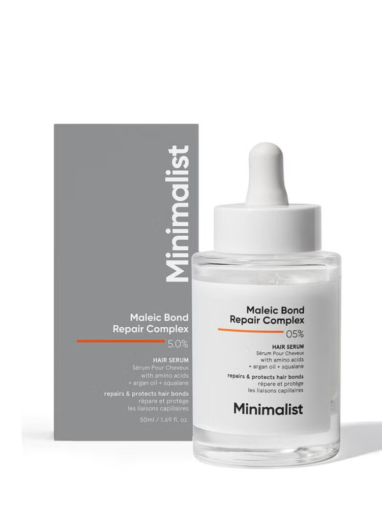 Minimalist Hair Repair Serum, a best hair treatment serum for dry and damaged hair. This pre-shampoo treatment, featuring a 5% Maleic Bond Complex with argan oil, works to repair broken hair bonds caused by heat and chemical styling, and is a great hair serum for dry hair and frequent stylers in the UAE.