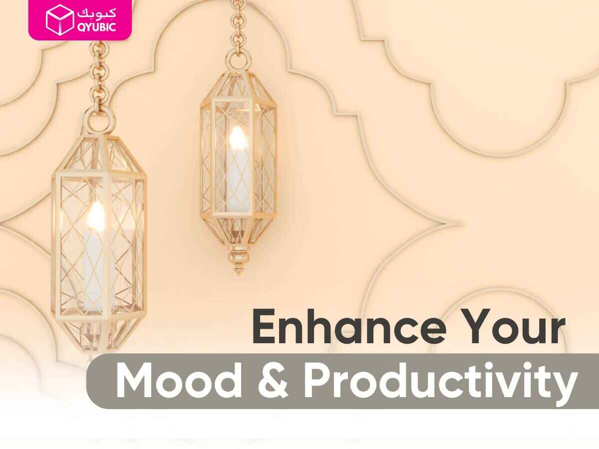 A perfect set of Lighting fixtures set against a soft, patterned background, accompanied by the text 'Enhance Your Mood & Productivity.