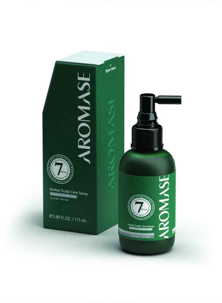 AROMASE Herbal Scalp Care Spray, a non-greasy, lightweight hair serum for hair growth in the UAE. This scalp treatment serum, with Vitamin B5 and Commiphora Myrrha extract, soothes itchy, inflamed scalps and reduces hair thinning caused by dryness, making it a great option for men and women.
