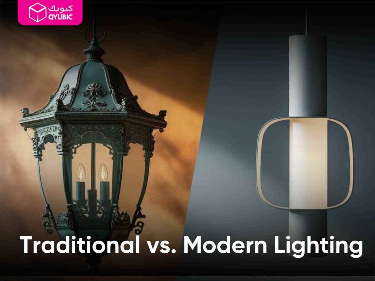 A side-by-side visual comparison showing a classic ornate lantern on one side and a sleek modern light on the other, with overlay text “Traditional vs. Modern Lighting.”