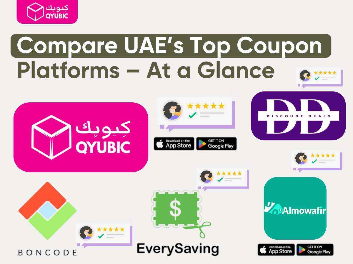 Infographic comparing UAE’s top coupon platforms—Qyubic, Almowafir, DiscountDeals, Boncode, and EverySaving—with star ratings and app store icons to showcase best daily deal sites