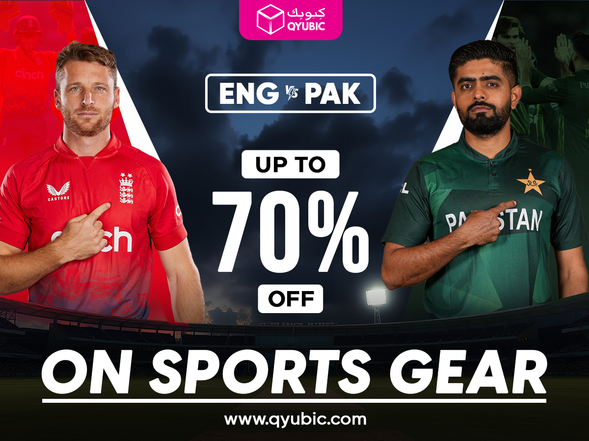 Minimalistic image of a cricket match between Pakistan and England with a bright background highlighting the text for Pakistan vs England with up to 70% off on sports gear with Qyubic