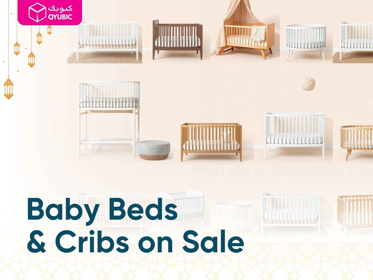 A variety of baby beds, cribs, bassinets, and co-sleeper cribs displayed in an appealing format, perfect for new parents.