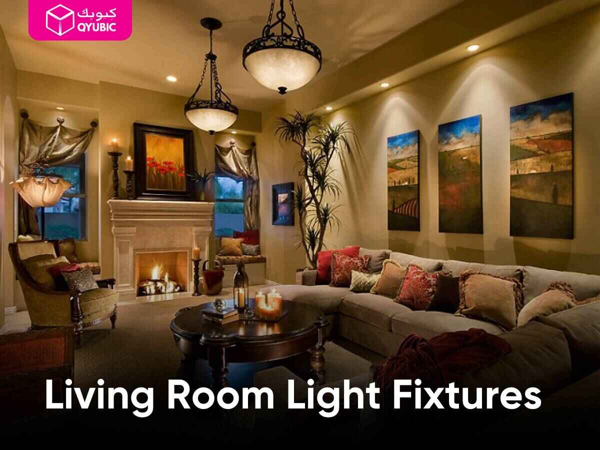 Cozy, ambient living room featuring elegant ceiling fixtures and complementary lamps. Overlay text: 'Living Room Light Fixtures.