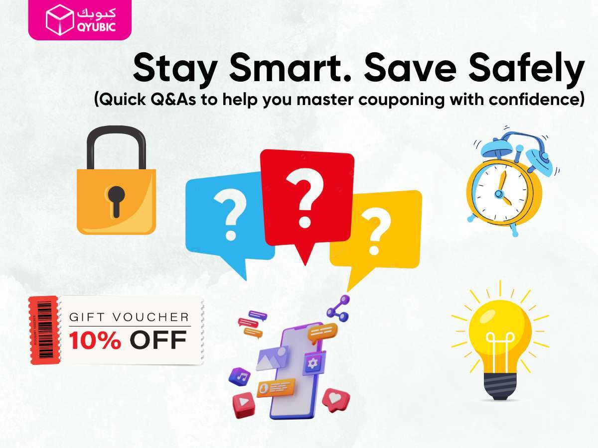 Infographic from Qyubic titled 'Stay Smart. Save Safely,' featuring a padlock, question marks, a 10% off gift voucher, and an alarm clock to emphasize secure couponing tips in the UAE.